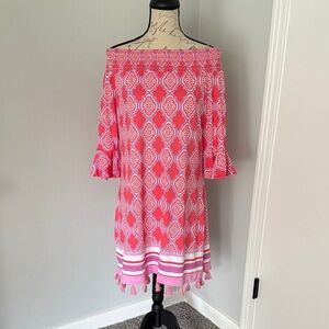 Cabana Life Coral Geo Off The Shoulder Dress Size Large Boho Classic SPF 50+